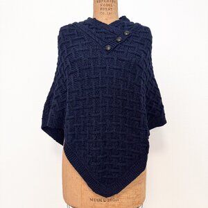 Nua Aran Crafts Dark Blue Merino Wool Cable Knit Poncho Size S/M